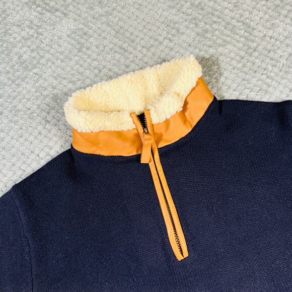 Vtg ORVIS Navy Blue Brown Leather Sherpa Collar Wool Blend Quarterzip Sweater - Picture 3 of 6